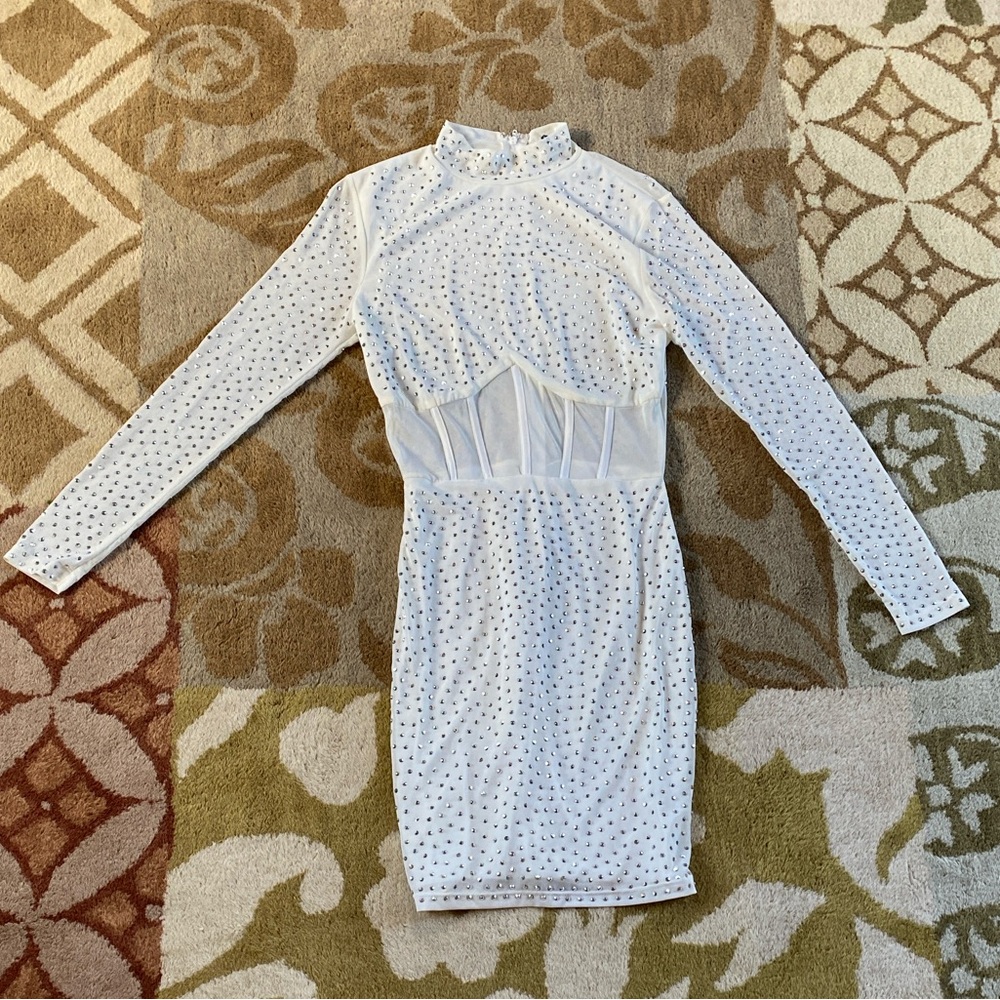 Windsor White Long Sleeve Dress with Silver Accents